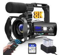 WIKICO Caméra vidéo 8K 48 MP pour YouTube, zoom numérique 18x, écran tactile 3" WiFi, microphone externe, lumière de remplissage, télécommande, carte SD 32 Go, 2 piles