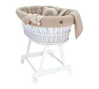 WIKLINOPOL Berceau - Couffin tressé à la Main Blanc avec châssis et Matelas - Ensemble de literie Teddy 5 pièces Beige - Couffin bébé Portable à roulettes - Idéal pour Nouveau-né