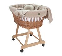 WIKLINOPOL Berceau - Couffin tressé à la Main Naturel avec châssis et Matelas - Ensemble de literie Teddy 5 pièces Beige - Couffin bébé Portable à roulettes - Idéal pour Nouveau-né