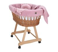 WIKLINOPOL Berceau - Couffin tressé à la Main Naturel avec châssis et Matelas - Ensemble de literie Teddy 5 pièces Rose - Couffin bébé Portable à roulettes - Idéal pour Nouveau-né