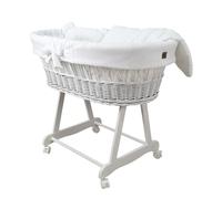 Wiklinopol Couffin Bébé Amelia en Osier avec Support et Matelas - Berceau à roulettes en Blanc - Ensemble 4 Pièces de Linge en Mousseline Blanc - Portable et Idéal pour Nouveau-Né