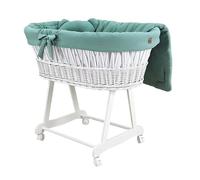 Wiklinopol Couffin Bébé Amelia en Osier avec Support et Matelas - Berceau à roulettes en Blanc - Ensemble 4 Pièces de Linge en Mousseline Kaki - Portable et Idéal pour Nouveau-Né