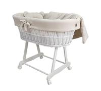 Wiklinopol Couffin Bébé Amelia en Osier avec Support et Matelas - Berceau à roulettes en Blanc - Ensemble 4 Pièces de Linge en Mousseline Beige - Portable et Idéal pour Nouveau-Né