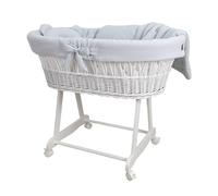 Wiklinopol Couffin Bébé Amelia en Osier avec Support et Matelas - Berceau à roulettes en Blanc - Ensemble 4 Pièces de Linge en Mousseline Gris Clair - Portable et Idéal pour Nouveau-Né