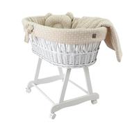 Wiklinopol Couffin Bébé Amelia en Osier avec Support et Matelas - Berceau à roulettes en Blanc - Ensemble 4 Pièces de Linge en Mousseline Beige avec Motifs Branches - Idéal pour Nouveau-Né