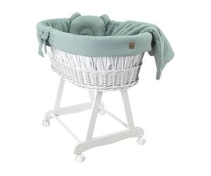 Wiklinopol Couffin Bébé Amelia en Osier avec Support et Matelas - Berceau à roulettes en Blanc - Ensemble 4 Pièces de Linge en Mousseline Doré-Kaki - Portable et Idéal pour Nouveau-Né
