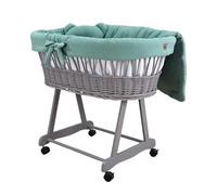 Wiklinopol Couffin Bébé Amelia en Osier avec Support et Matelas - Berceau à roulettes en Gris - Ensemble 4 Pièces de Linge en Mousseline Kaki - Portable et Idéal pour Nouveau-Né