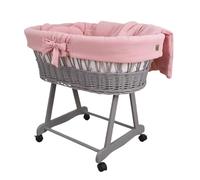 Wiklinopol Couffin Bébé Amelia en Osier avec Support et Matelas - Berceau à roulettes en Gris - Ensemble 4 Pièces de Linge en Mousseline Rose - Portable et Idéal pour Nouveau-Né