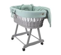 Wiklinopol Couffin Bébé Amelia en Osier avec Support et Matelas - Berceau à roulettes en Gris - Ensemble 4 Pièces de Linge en Mousseline Doré-Kaki - Portable et Idéal pour Nouveau-Né