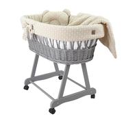 Wiklinopol Couffin Bébé Amelia en Osier avec Support et Matelas - Berceau à roulettes en Gris - Ensemble 4 Pièces de Linge en Mousseline Beige avec Motifs Branches - Idéal pour Nouveau-Né