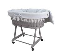 Wiklinopol Couffin Bébé Amelia en Osier avec Support et Matelas - Berceau à roulettes en Gris - Ensemble 4 Pièces de Linge en Mousseline Gris Clair - Portable et Idéal pour Nouveau-Né