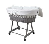 Wiklinopol Couffin Bébé Amelia en Osier avec Support et Matelas - Berceau à roulettes en Gris - Ensemble 4 Pièces de Linge en Mousseline Blanc - Portable et Idéal pour Nouveau-Né