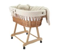 Wiklinopol Couffin Bébé Amelia en Osier avec Support et Matelas - Berceau à roulettes en Naturel - 4 Pièces de Linge en Mousseline Beige avec Motifs Branches - Idéal pour Nouveau-Né