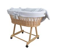 Wiklinopol Couffin Bébé Amelia en Osier avec Support et Matelas - Berceau à roulettes en Naturel - Ensemble 4 Pièces de Linge en Mousseline Gris Clair - Portable et Idéal pour Nouveau-Né