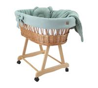 Wiklinopol Couffin Bébé Amelia en Osier avec Support et Matelas - Berceau à roulettes en Naturel - Ensemble 4 Pièces de Linge en Mousseline Doré-Kaki - Portable et Idéal pour Nouveau-Né