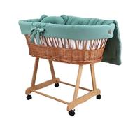Wiklinopol Couffin Bébé Amelia en Osier avec Support et Matelas - Berceau à roulettes en Naturel - Ensemble 4 Pièces de Linge en Mousseline Kaki - Portable et Idéal pour Nouveau-Né
