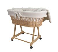 Wiklinopol Couffin Bébé Amelia en Osier avec Support et Matelas - Berceau à roulettes en Naturel - Ensemble 4 Pièces de Linge en Mousseline Beige - Portable et Idéal pour Nouveau-Né