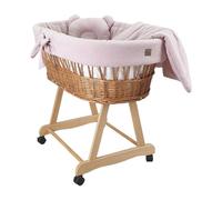 Wiklinopol Couffin Bébé Amelia en Osier avec Support et Matelas - Berceau à roulettes en Naturel - Ensemble 4 Pièces de Linge en Mousseline Doré-Lilas - Portable et Idéal pour Nouveau-Né