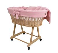 Wiklinopol Couffin Bébé Amelia en Osier avec Support et Matelas - Berceau à roulettes en Naturel - Ensemble 4 Pièces de Linge en Mousseline Rose - Portable et Idéal pour Nouveau-Né