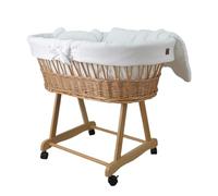Wiklinopol Couffin Bébé Amelia en Osier avec Support et Matelas - Berceau à roulettes en Naturel - Ensemble 4 Pièces de Linge en Mousseline Blanc - Portable et Idéal pour Nouveau-Né