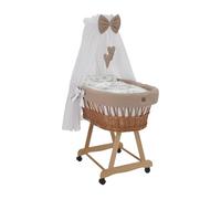 Wiklinopol Couffin Bébé avec Ciel de Lit - Berceau à roulettes en Osier avec Support - Ensemble Complet en Naturel avec 5 Pièces de Linge Nid d’Abeille Motif Safari Beige