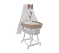 Wiklinopol Couffin Bébé avec Ciel de Lit - Berceau à roulettes en Osier avec Support - Ensemble Complet en Blanc avec 5 Pièces de Linge Nid d’Abeille Motif Lapin & Chouette Beige