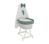 Wiklinopol Couffin Bébé avec Ciel de Lit - Berceau à roulettes en Osier avec Support - Ensemble Complet en Blanc avec 5 Pièces de Linge Nid d’Abeille Motif Faon Khaki