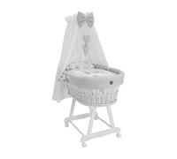 Wiklinopol Couffin Bébé avec Ciel de Lit - Berceau à roulettes en Osier avec Support - Ensemble Complet en Blanc avec 5 Pièces de Linge Nid d’Abeille Motif Hérisson & Amis Gris