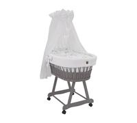 Wiklinopol Couffin Bébé avec Ciel de Lit - Berceau à roulettes en Osier avec Support - Ensemble Complet en Gris avec 5 Pièces de Linge Nid d’Abeille Motif Petits Oies Blanches