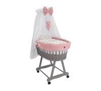 Wiklinopol Couffin Bébé avec Ciel de Lit - Berceau à roulettes en Osier avec Support - Ensemble Complet en Gris avec 5 Pièces de Linge Nid d’Abeille Motif Lapin Rose