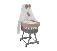 Wiklinopol Couffin Bébé avec Ciel de Lit - Berceau à roulettes en Osier avec Support - Ensemble Complet en Gris avec 5 Pièces de Linge Nid d’Abeille Motif Safari Beige