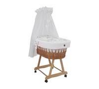 Wiklinopol Couffin Bébé avec Ciel de Lit - Berceau à roulettes en Osier avec Support - Ensemble Complet en Naturel avec 5 Pièces de Linge Nid d’Abeille Motif Petits Oies Blanches