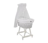 Wiklinopol Couffin Bébé avec Ciel de Lit - Berceau à roulettes en Osier avec Support - Ensemble Complet en Blanc avec 5 Pièces de Linge Nid d’Abeille Motif Petits Oies Blanches
