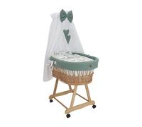 Wiklinopol Couffin Bébé avec Ciel de Lit - Berceau à roulettes en Osier avec Support - Ensemble Complet en Naturel avec 5 Pièces de Linge Nid d’Abeille Motif Faon Khaki