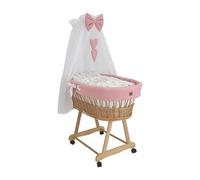 Wiklinopol Couffin Bébé avec Ciel de Lit - Berceau à roulettes en Osier avec Support - Ensemble Complet en Naturel avec 5 Pièces de Linge Nid d’Abeille Motif Lapin Rose