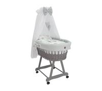 Wiklinopol Couffin Bébé avec Ciel de Lit - Berceau à roulettes en Osier avec Support - Ensemble Complet en Gris avec 5 Pièces de Linge Nid d’Abeille Motif Hérisson & Amis Gris
