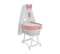Wiklinopol Couffin Bébé avec Ciel de Lit - Berceau à roulettes en Osier avec Support - Ensemble Complet en Blanc avec 5 Pièces de Linge Nid d’Abeille Motif Lapin Rose