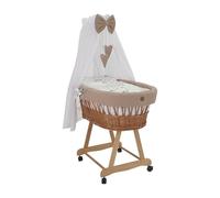 Wiklinopol Couffin Bébé avec Ciel de Lit - Berceau à roulettes en Osier avec Support - Ensemble Complet en Naturel avec 5 Pièces de Linge Nid d’Abeille Motif Lapin & Chouette Beige