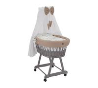 Wiklinopol Couffin Bébé avec Ciel de Lit - Berceau à roulettes en Osier avec Support - Ensemble Complet en Gris avec 5 Pièces de Linge Nid d’Abeille Motif Lapin & Chouette Beige