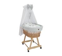 Wiklinopol Couffin Bébé avec Ciel de Lit - Berceau à roulettes en Osier avec Support - Ensemble Complet en Naturel avec 5 Pièces de Linge Nid d’Abeille Motif Hérisson & Amis Gris