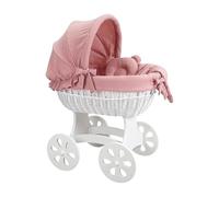 Wiklinopol Couffin Bébé avec Support en Bois et roulettes Annabell - Berceau en Osier avec Matelas et Linge 5 Pièces Mousseline Rose - Poussette de lit Blanc pour Nouveau-né