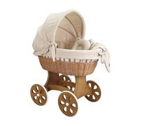 Wiklinopol Couffin Bébé avec Support en Bois et roulettes Annabell - Berceau en Osier avec Matelas et Linge 5 Pièces Mousseline Beige - Poussette de lit Naturel pour Nouveau-né