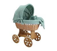 Wiklinopol Couffin Bébé avec Support en Bois et roulettes Annabell - Berceau en Osier avec Matelas et Linge 5 Pièces Mousseline Khaki - Poussette de lit Naturel pour Nouveau-né