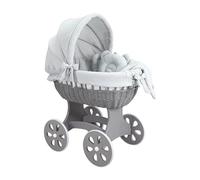 Wiklinopol Couffin Bébé avec Support en Bois et roulettes Annabell - Berceau en Osier avec Matelas et Linge 5 Pièces Mousseline Gris Clair - Poussette de lit Gris pour Nouveau-né