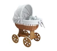 Wiklinopol Couffin Bébé avec Support en Bois et roulettes Annabell - Berceau en Osier avec Matelas et Linge 5 Pièces Mousseline Gris Clair - Poussette de lit Naturel pour Nouveau-né