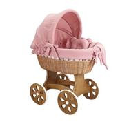 Wiklinopol Couffin Bébé avec Support en Bois et roulettes Annabell - Berceau en Osier avec Matelas et Linge 5 Pièces Mousseline Rose - Poussette de lit Naturel pour Nouveau-né