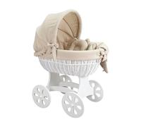 Wiklinopol Couffin Bébé avec Support en Bois et roulettes Annabell - Berceau en Osier avec Matelas et Linge 5 Pièces Mousseline Beige - Poussette de lit Blanc pour Nouveau-né