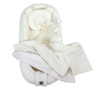 WIKLINOPOL Ensemble Babynest écru - Baby Nest pour nouveau-né, nid & cocon avec coussin Teddy, couverture & doudou - Équipement bébé respirant en mousseline & peluche Teddy