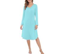 Wikoan Chemise de Nuit Femme Hiver Pyjama à Manches Longues Couleur Unie Vêtements Robe de Nuit Longue Femmes Grande Taille avec Poches Bleu Ciel S