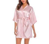 Wikoan Peignoir de Bain Satin Femme Kimono Nuit Robe de Chambre Bride Sortie de Bain Mariage Peignoirs Bridesmaid Kimono avec Ceinture Rose XXL